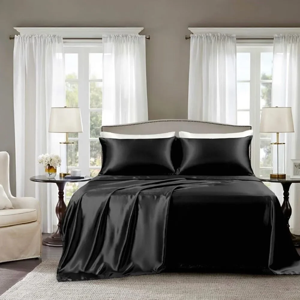 NWT Gorgeous Honeymoon Queen Black Luxury Soft Shiny Smooth Satin 4 pc Sheet Set